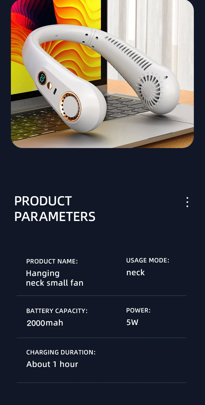 New 3000mA Portable Mini Hanging Neck Fan Bladeless Neckband Fan Digital Display Power Air Cooler USB Rechargeable Electric Fans - Mercalive