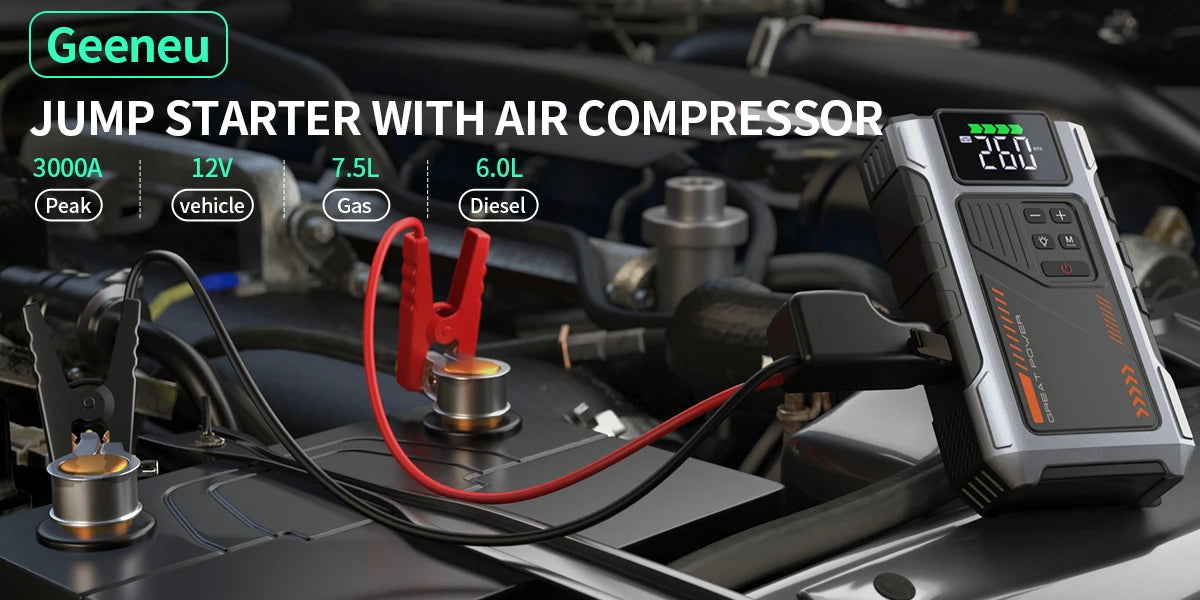 Portable Car Jump Starter With Air Compressor, 3000A Peak(7.5L Gas, 6.5L Diesel) , Jump Starter Battery PackWith150 PSl Tire Inf - Mercalive