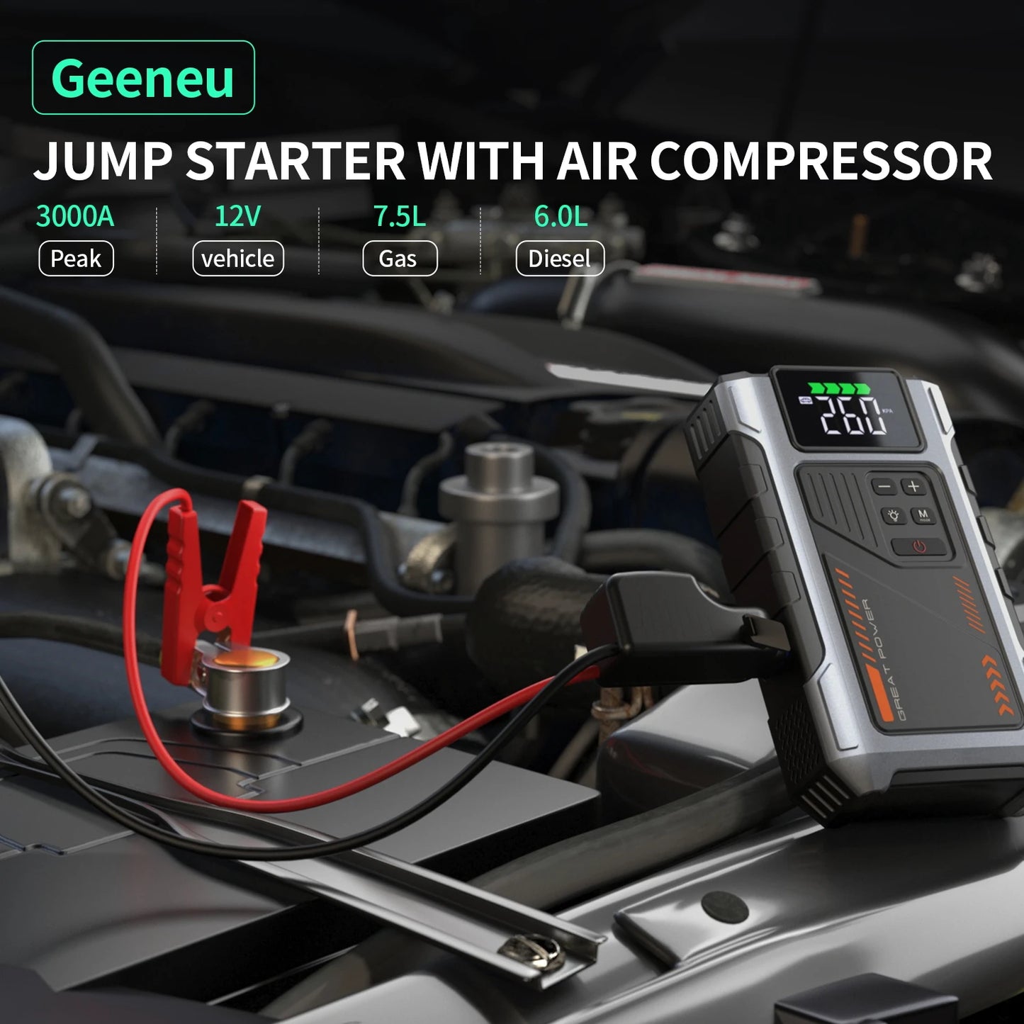 Portable Car Jump Starter With Air Compressor, 3000A Peak(7.5L Gas, 6.5L Diesel) , Jump Starter Battery PackWith150 PSl Tire Inf - Mercalive