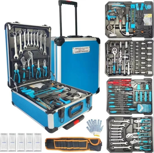 799PCs aluminum trolley case tool set silver, house repair kits set, household hand tool set, with tool belt for Thanksgiving - Mercalive