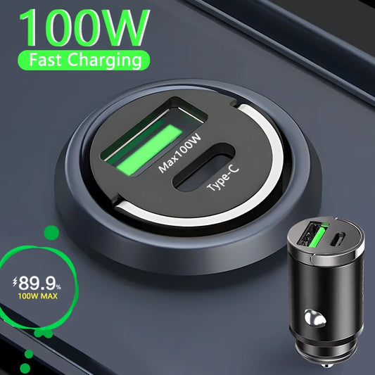 100W Mini Car Charger Lighter Fast Charging for iPhone QC3.0 Mini PD USB Type C Car Phone Charger for Xiaomi Samsung Huawei - Mercalive