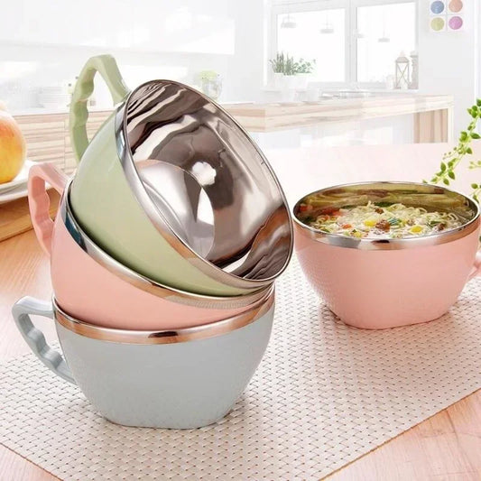 1/3PCS Stainless Steel Bowl with Handle Solid Color Anti Scalding Instant Noodles Mixing Bowl Kitchen Tableware Food Accessory - Mercalive