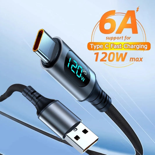 6A 120W USB A To Type C Super Fast Charge Cable Nylon Data Cord For Xiaomi Redmi POCO Samsung With Led Digital Display Cable - Mercalive