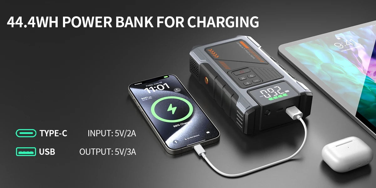 Portable Car Jump Starter With Air Compressor, 3000A Peak(7.5L Gas, 6.5L Diesel) , Jump Starter Battery PackWith150 PSl Tire Inf - Mercalive