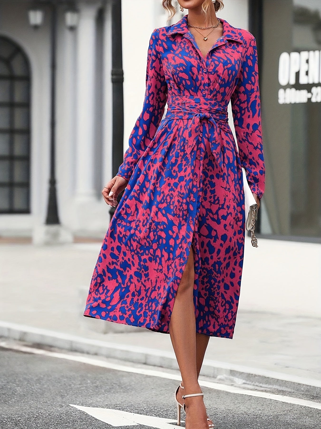 Women's Long-Sleeved All-Over Leopard Print Belted Shirt Dress - Casual Maxi Dress - Mercalive