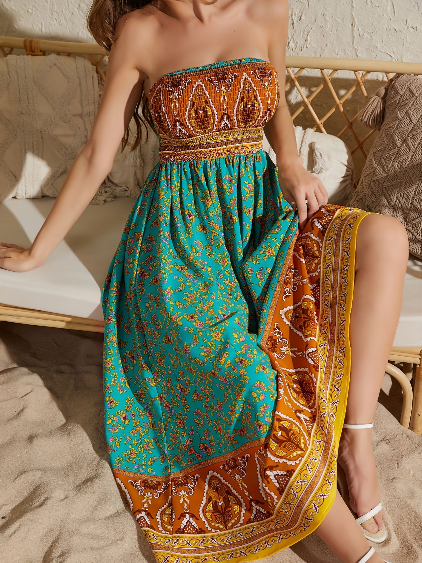 Women's Sexy Strapless Printed Dress - Elegant Off-Shoulder Maxi Vacation Dress - Mercalive