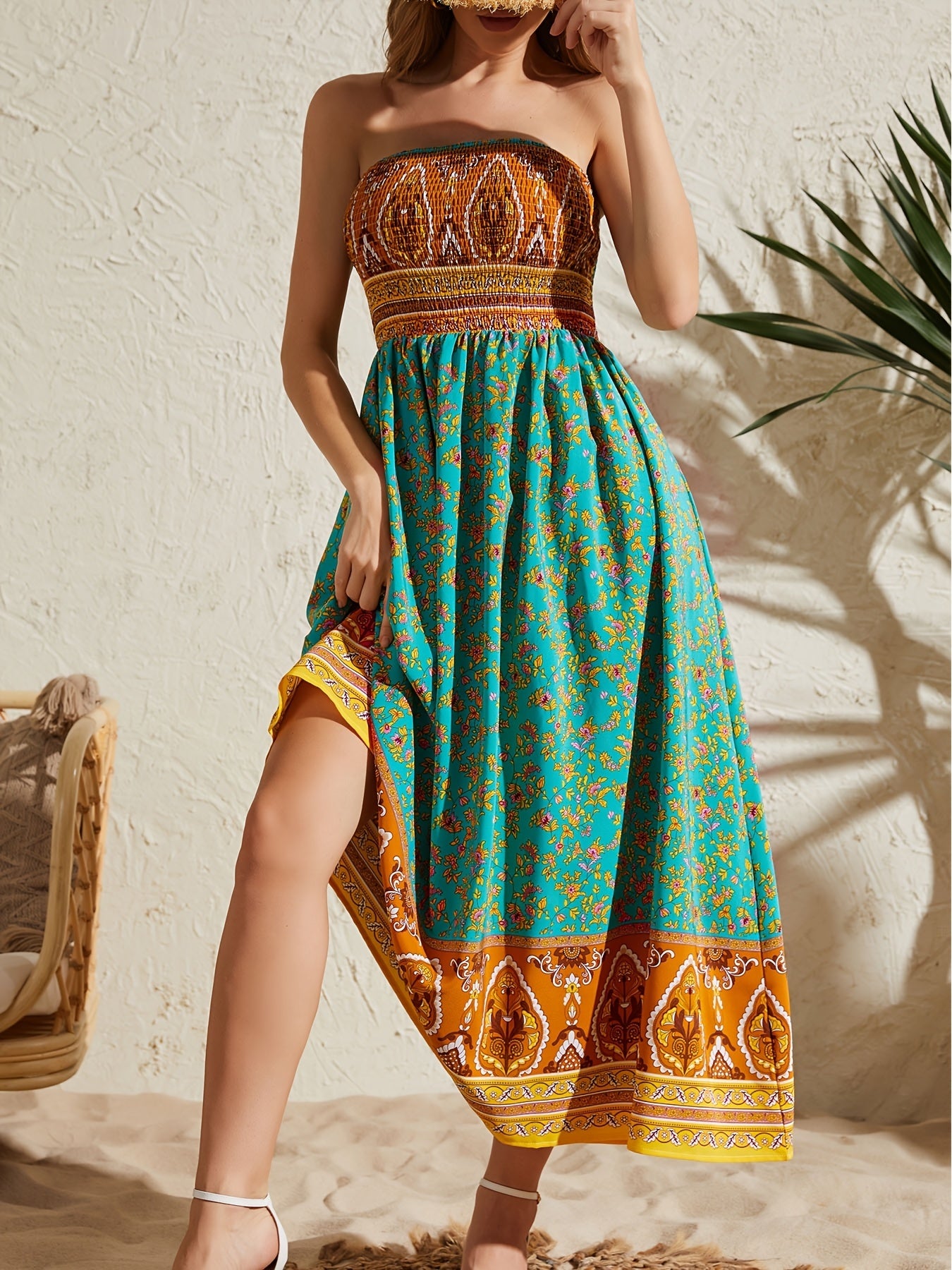Women's Sexy Strapless Printed Dress - Elegant Off-Shoulder Maxi Vacation Dress - Mercalive