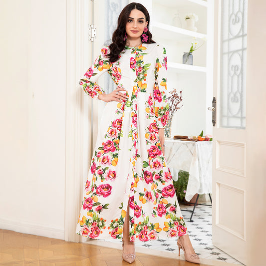 Elegant Style Round Neck Flowers Plant Buttons Puff Sleeve Long Dresses - Mercalive