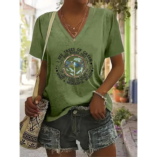 Women's V-Neck Dragonfly & Letter Print Short Sleeve T-Shirt Casual Summer Top - Mercalive