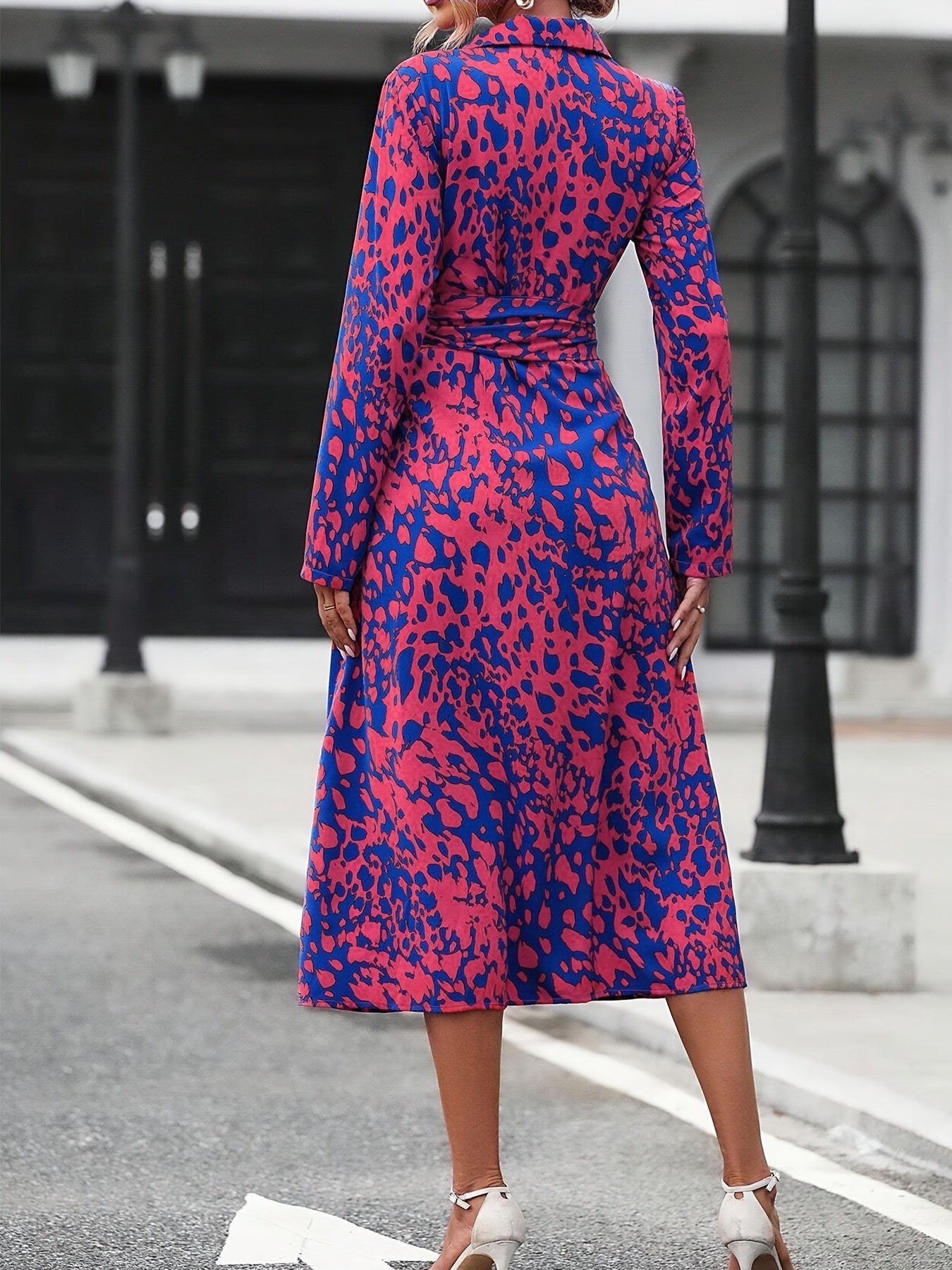 Women's Long-Sleeved All-Over Leopard Print Belted Shirt Dress - Casual Maxi Dress - Mercalive