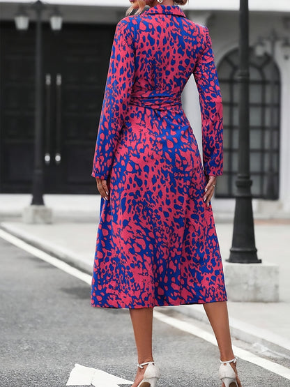 Women's Long-Sleeved All-Over Leopard Print Belted Shirt Dress - Casual Maxi Dress - Mercalive