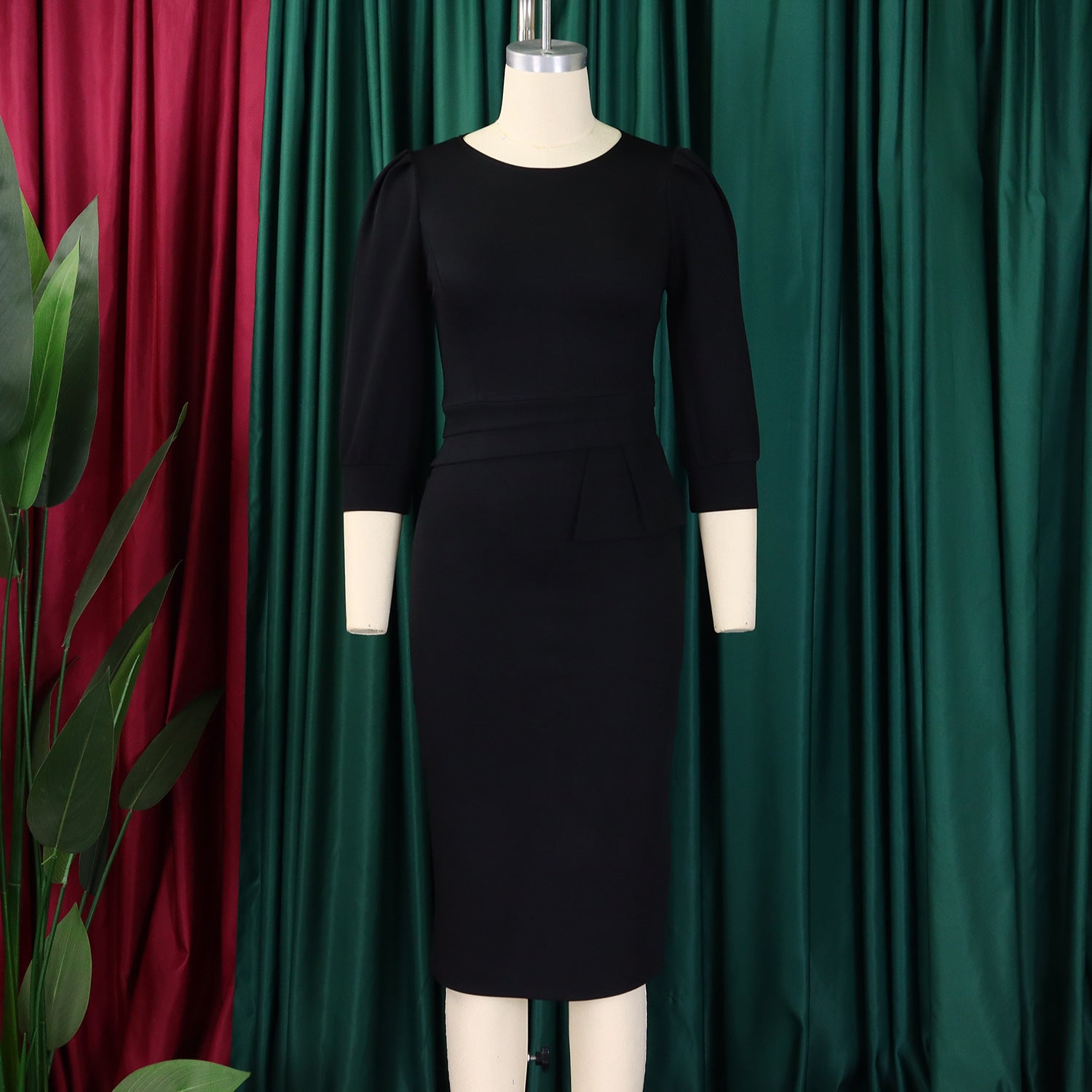 Women's Bodycon Pencil Dress Round Neck 3 4 Sleeve Peplum Wear To Work Office Dress - Mercalive