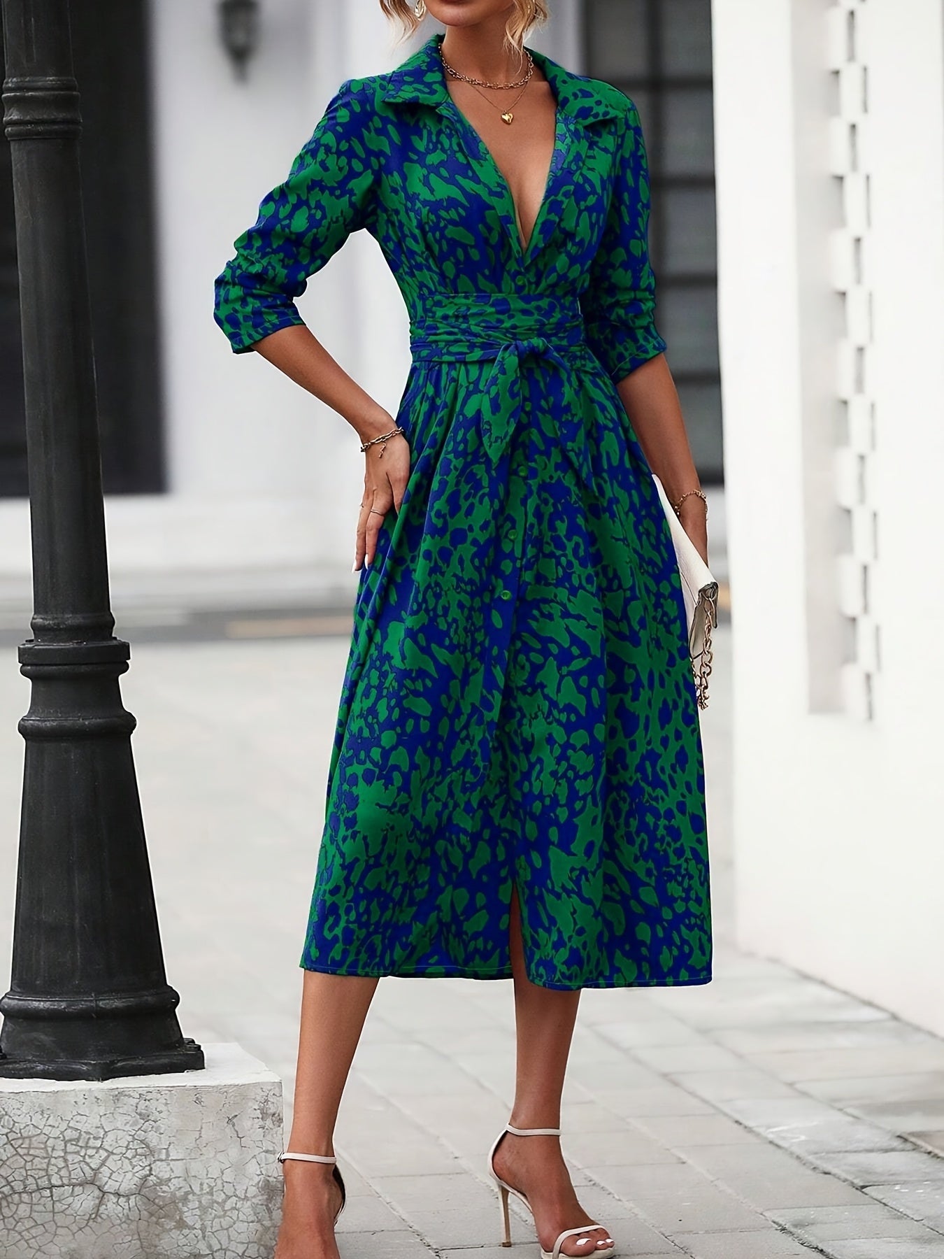 Women's Long-Sleeved All-Over Leopard Print Belted Shirt Dress - Casual Maxi Dress - Mercalive