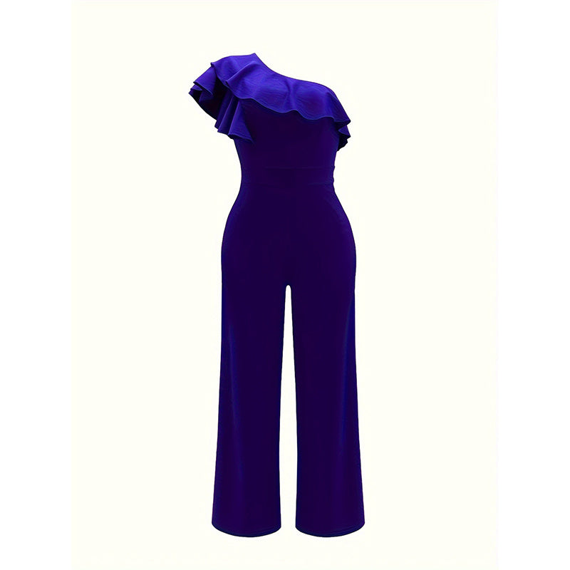 Women Summer Dressy Jumpsuits Sleeveless Ruffle One Shoulder Casual Wide Leg Pants Romper - Mercalive