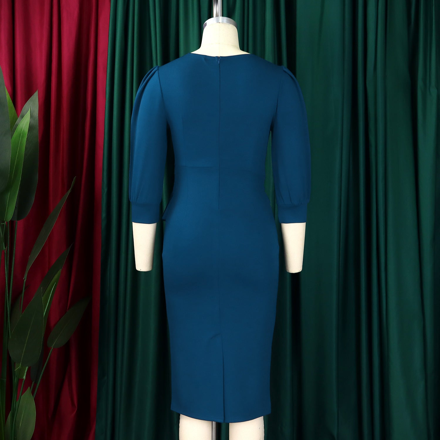 Women's Bodycon Pencil Dress Round Neck 3 4 Sleeve Peplum Wear To Work Office Dress - Mercalive