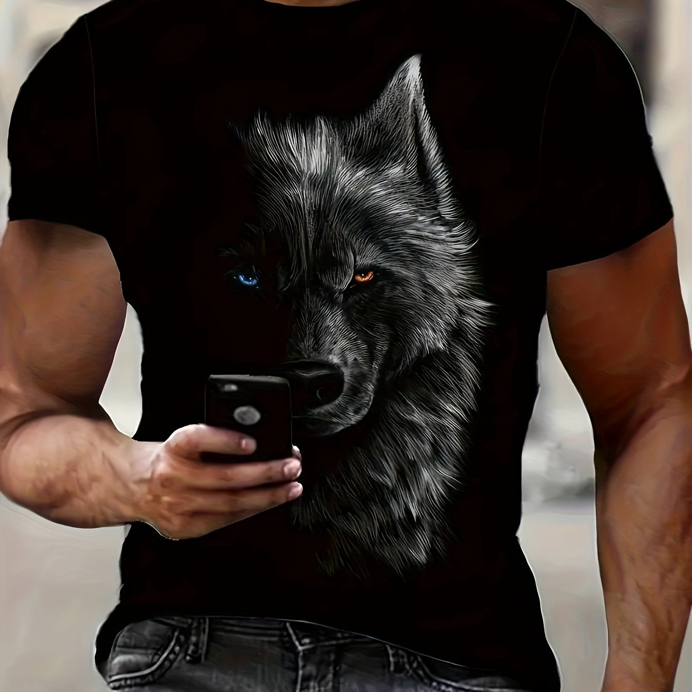 3D Digital Cool Wolf Contrast Color Eye Pattern Round Neck T-shirt, Men's Summer Outdoor Activity Fashion Top. - Mercalive