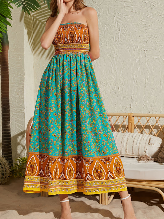 Women's Sexy Strapless Printed Dress - Elegant Off-Shoulder Maxi Vacation Dress - Mercalive